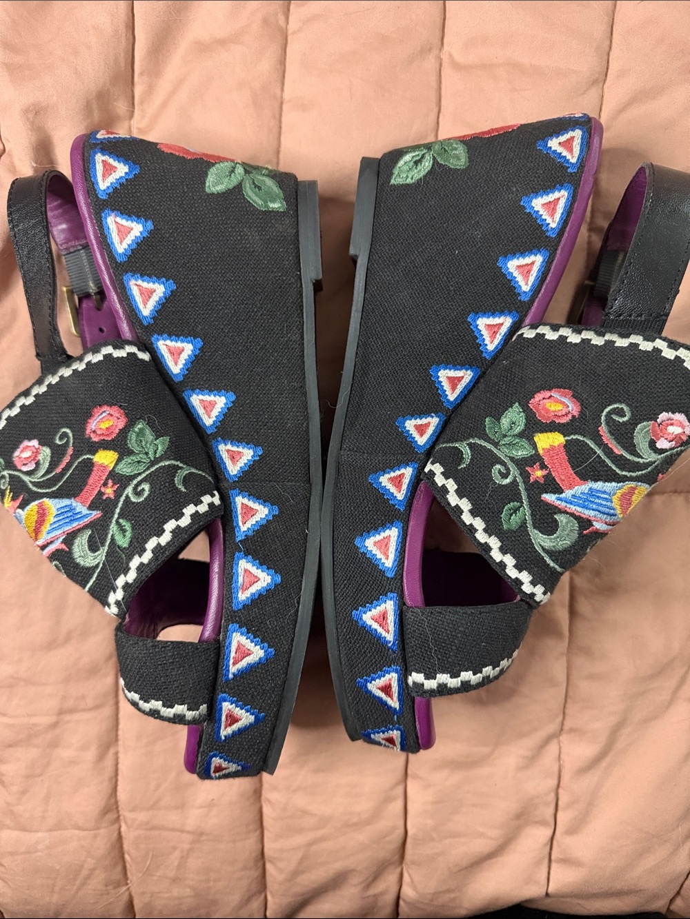 Sharif Black Embroidered Floral & Bird Wedge Sandals with Purple Insole - Picture 5 of 6